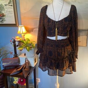 Altar'd State Black and Brown Floral Crop Top + Skirt Set